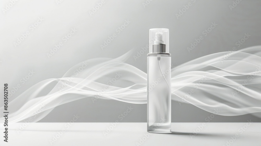Minimalistic perfume bottle with flowing white smoke on a gray background, symbolizing elegance and purity in a modern design. Minimalistic perfume bottle with flowing white smoke on a gray background, symbolizing elegance and purity in a modern design.
