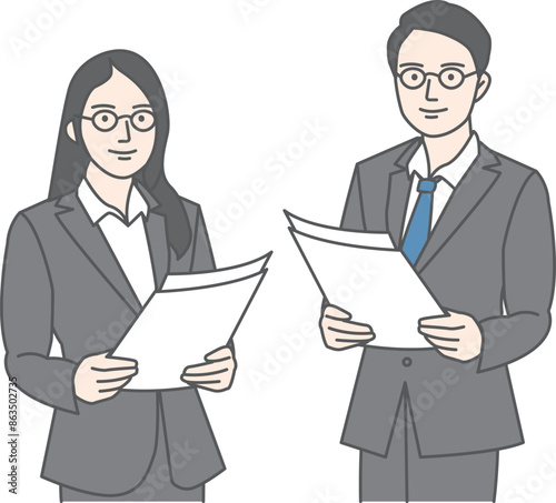 Illustration of a man and woman in business suits standing holding documents.