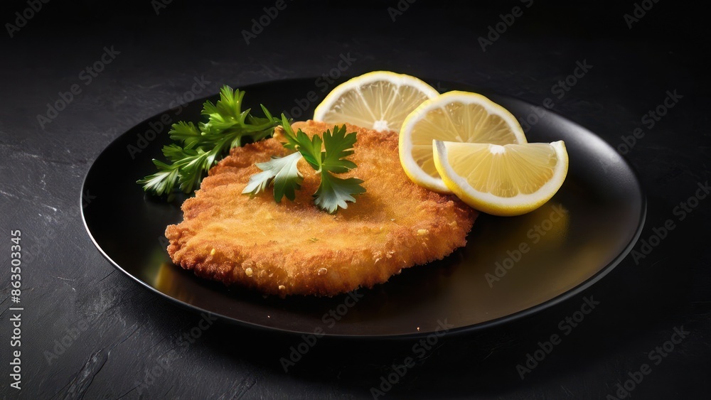 Minimalist Elegance, Gourmet Fried Pork Schnitzel with Lemon and Fresh Herb Accents Minimalist Elegance, Gourmet Fried Pork Schnitzel with Lemon and Fresh Herb Accents