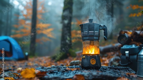 Coffee Brewing in a Misty Autumn Forest