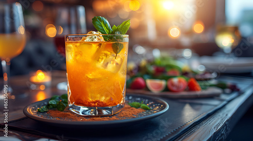 A refreshing drink with orange juice and mint leaves served on a plate.