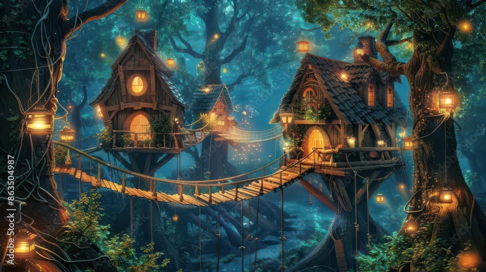 Obraz premium Enchanted treehouse village with rope bridges and glowing lanterns, whimsical and cozy