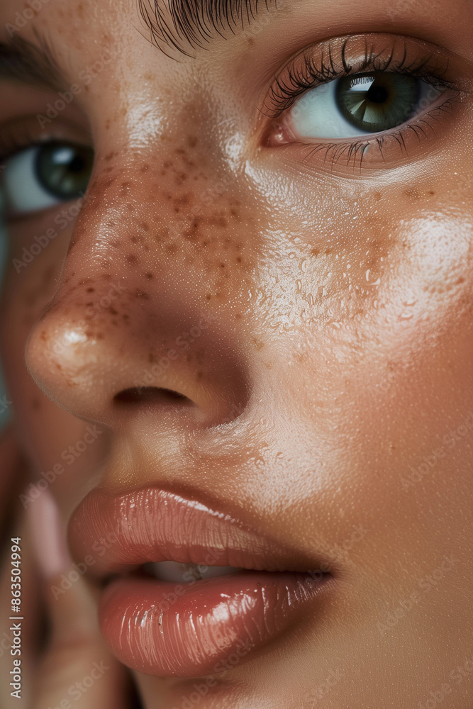 Detailed Close-Up of a Young Woman in Her 20s with Glowing, Healthy Skin, Without Makeup Detailed Close-Up of a Young Woman in Her 20s with Glowing, Healthy Skin, Without Makeup