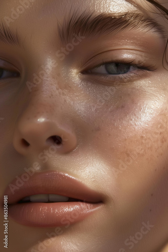Detailed Close-Up of a Young Woman in Her 20s with Glowing, Healthy Skin, Without Makeup