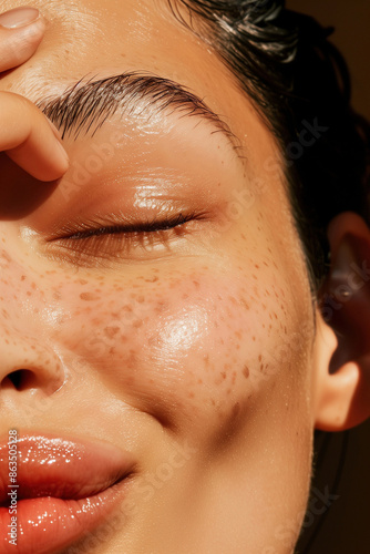 Wallpaper Mural Ultra-Detailed Close-Up Photo of a Young Woman, Touching Her Face with Healthy Skin Torontodigital.ca