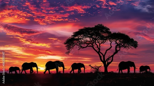 Majestic African savannah with elephants silhouetted against a dramatic sunset, powerful and picturesque photo