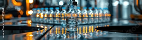 Close-up of a transparent bottle on an automated production line in a modern beverage factory, showcasing advanced technology and precision.