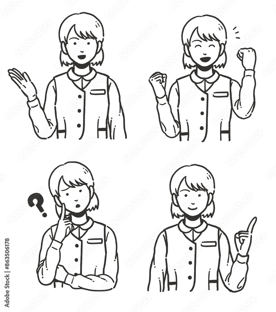 Set of 4 line illustrations of female office workers' upper bodies