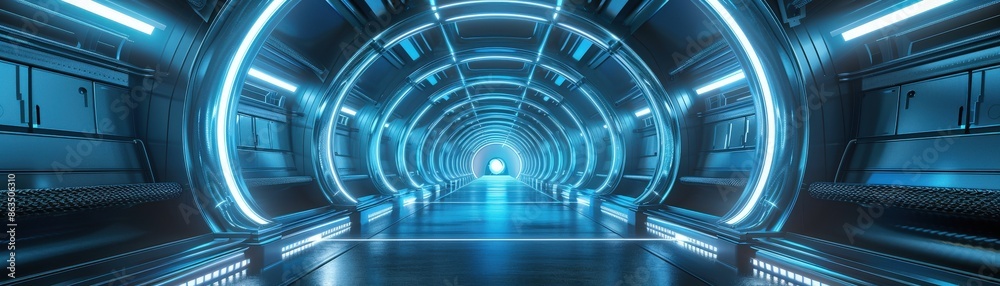 A high-tech, futuristic tunnel illuminated with neon blue lights and metallic walls, evoking a sci-fi space station environment. A high-tech, futuristic tunnel illuminated with neon blue lights and metallic walls, evoking a sci-fi space station environment.