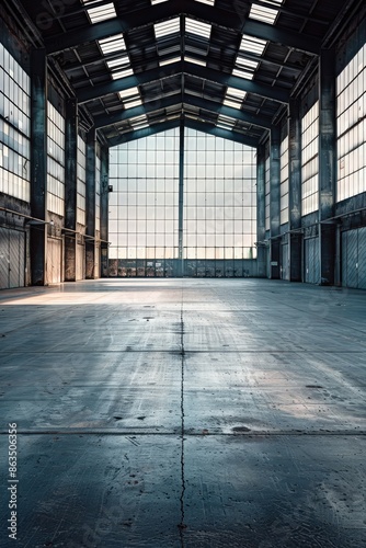 Spacious industrial warehouse with high ceilings  large windows  and sunlight streaming through  creating a dramatic and modern atmosphere.