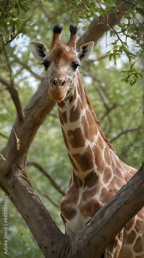 Fototapeta premium a giraffe standing in a tree looking at the camera