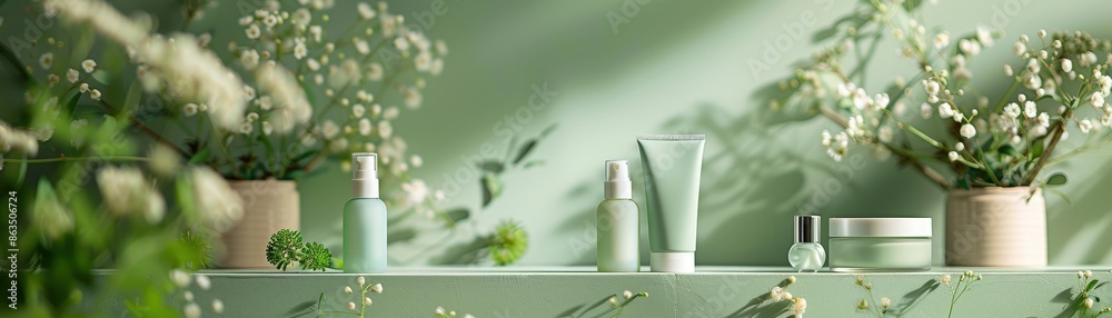 A serene arrangement of green skincare products on a shelf, surrounded by delicate white flowers and greenery, bathed in natural light. A serene arrangement of green skincare products on a shelf, surrounded by delicate white flowers and greenery, bathed in natural light.