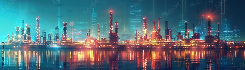 A stunning futuristic industrial cityscape at night, illuminated by vibrant neon lights reflecting on the water, showcasing modern urban architecture. A stunning futuristic industrial cityscape at night, illuminated by vibrant neon lights reflecting on the water, showcasing modern urban architecture.