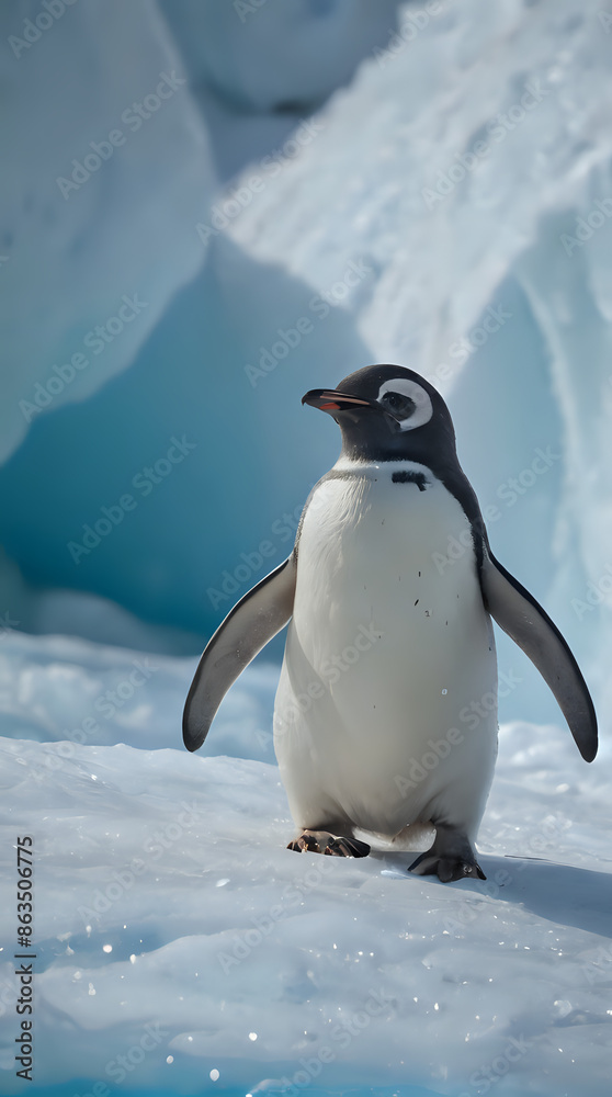 Obraz premium penguin standing on snow covered ground with iceberg in background
