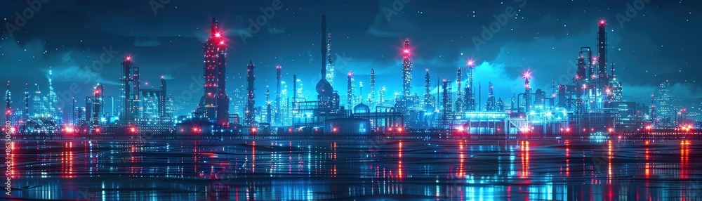 Obraz premium A stunning futuristic industrial cityscape illuminated by neon lights at night, with reflections on the water creating a mesmerizing scene.