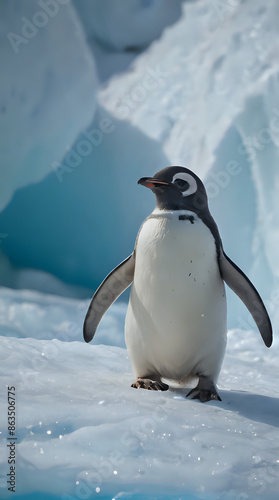 penguin standing on snow covered ground with iceberg in background