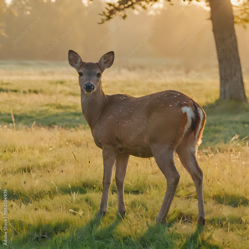 a deer that is standing in the grass by a tree a deer that is standing in the grass by a tree