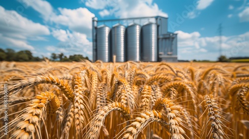 Agricultural Abundance: Golden Wheat Field with Modern Grain Silos Under a Blue Sky