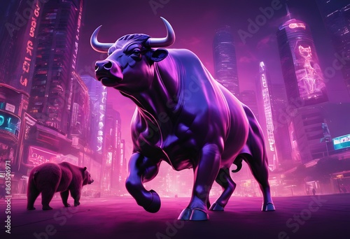 Financial bull and bear with stock charts. Stock market volatility bull and bear