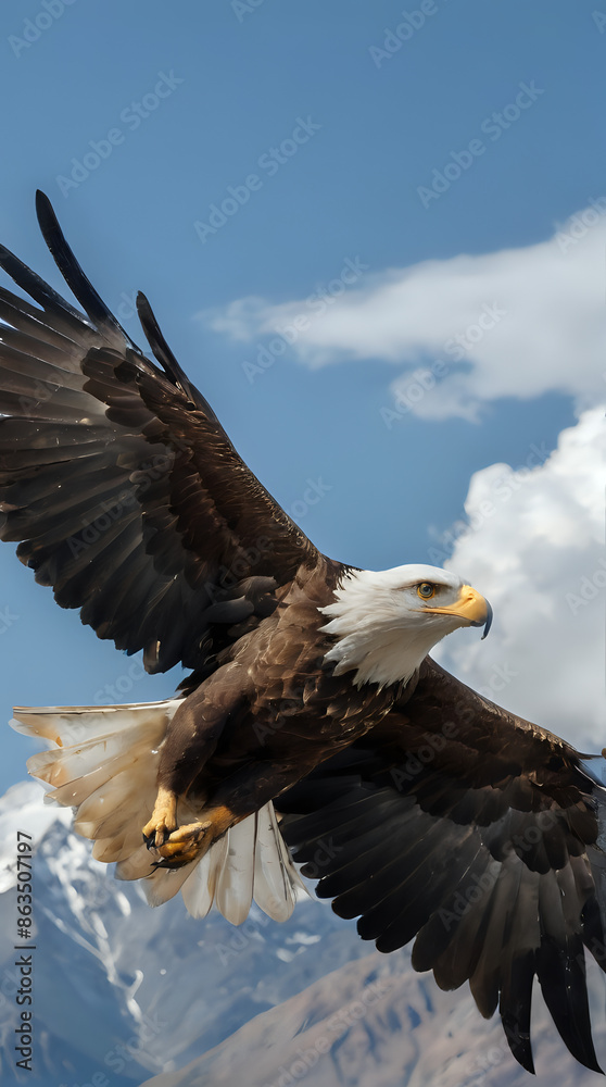Fototapeta premium a flying in the sky with mountains in the background