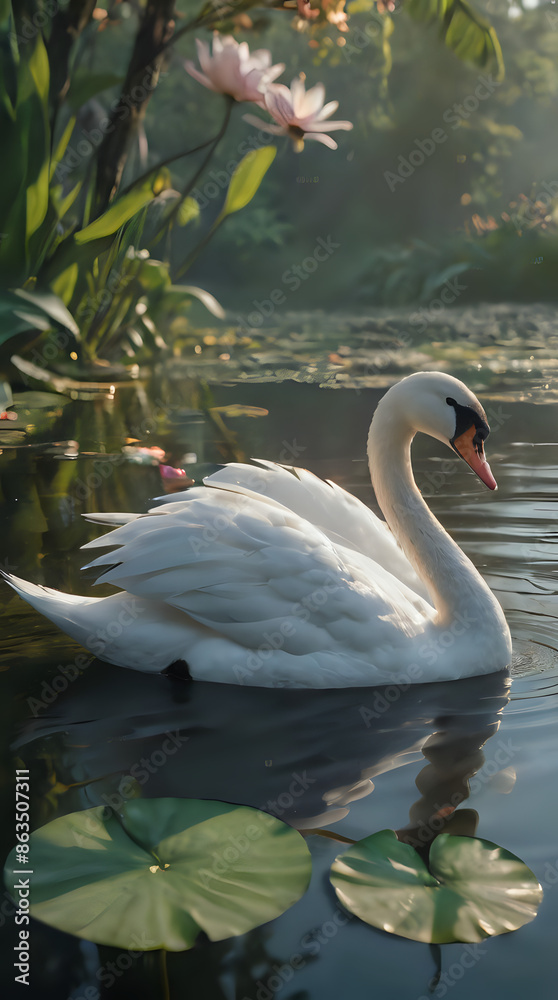 Obraz premium a white swan swimming in a pond with lily pads
