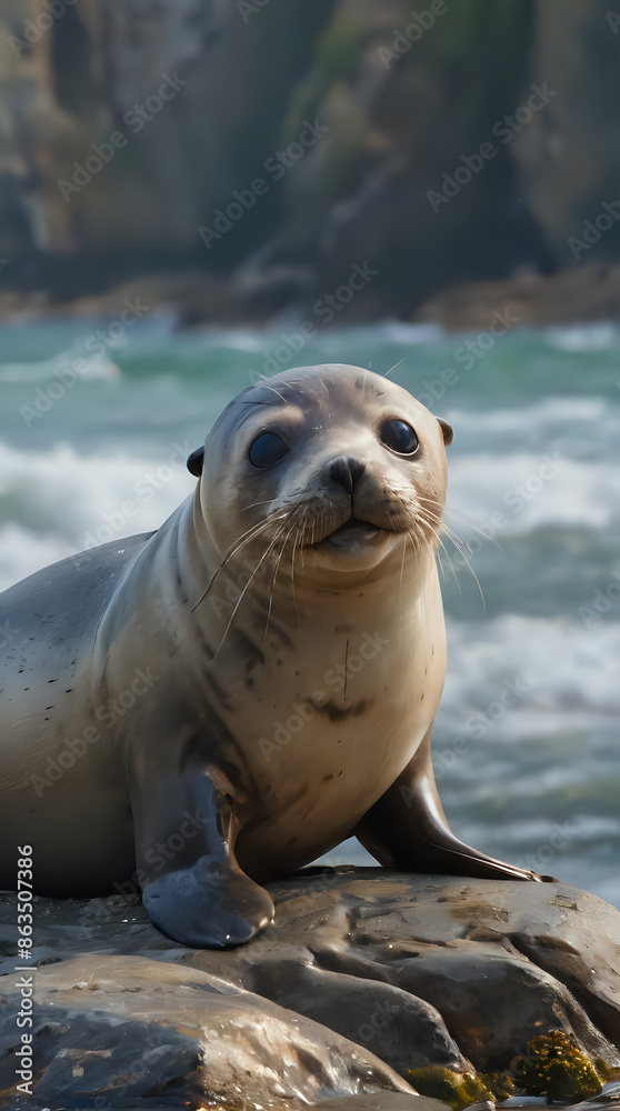 Obraz premium a seal sitting on a rock by the water