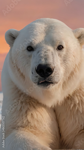 a polar bear laying on the snow with a sunset in the background