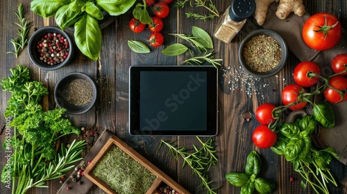 Fototapeta Naklejka Na Ścianę i Meble -  Fresh herbs tomatoes and spices on wooden background with a digital tablet