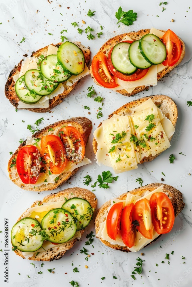 Assortment of cheese toasts with gouda, tomatoes, and cucumber Assortment of cheese toasts with gouda, tomatoes, and cucumber