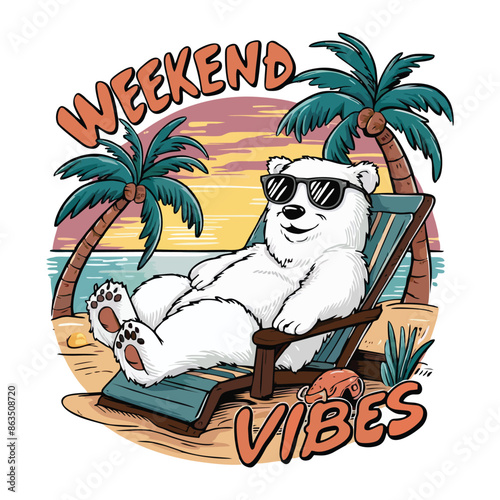 a fun and casual t-shirt design featuring a cool polar bear wearing sunglasses and sitting on a chair with summer vibes scene. the words 'weekend vibes" are writtenin a playful