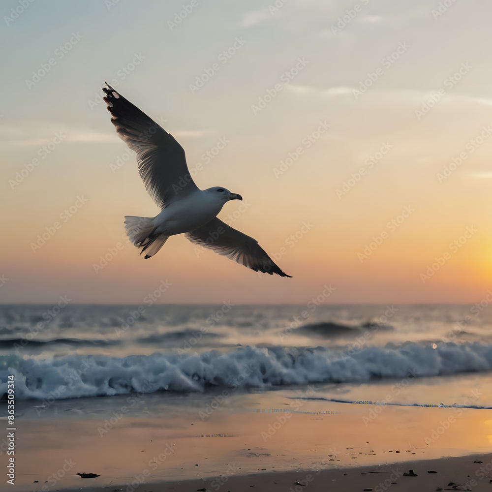 Naklejka premium a flying over the beach at sunset with waves coming in