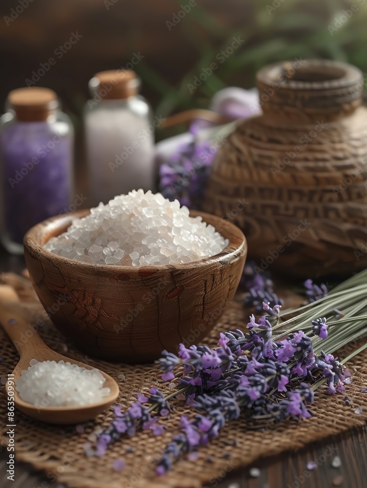 Tranquil spa setup with sea salt and lavender flowers Tranquil spa setup with sea salt and lavender flowers