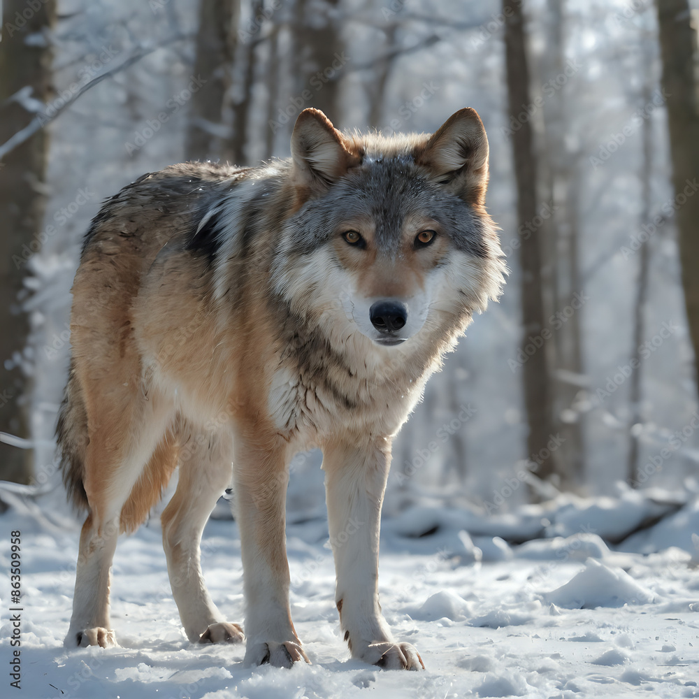 Fototapeta premium a wolf standing in the snow in the woods