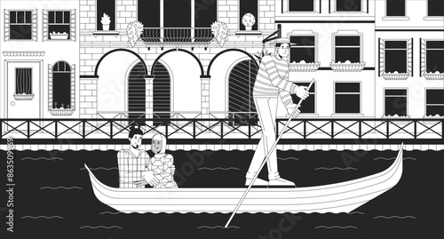 Gondola ride in Grand canal Venice black and white line illustration. Gondolier tourists mixed couple 2D characters monochrome background. Water transport in Italy outline scene vector image