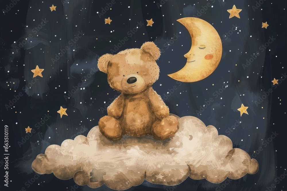 Watercolor Illustration of a Brown Teddy Bear Sitting on a Cloud With a ...