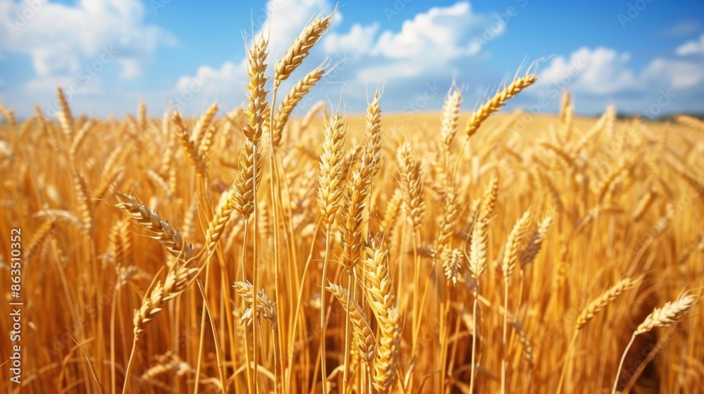 A vast field of golden wheat under a bright blue sky with fluffy white clouds.
A vast field of golden wheat under a bright blue sky with fluffy white clouds.