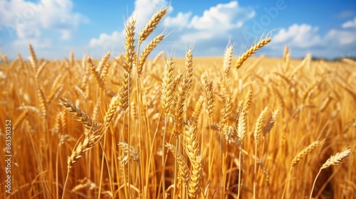 A vast field of golden wheat under a bright blue sky with fluffy white clouds. 