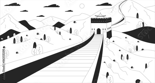 Beijing Great Wall of China black and white line illustration. Chinese picturesque landscape 2D landmark monochrome background. Stone fortification with watchtower outline scene vector image