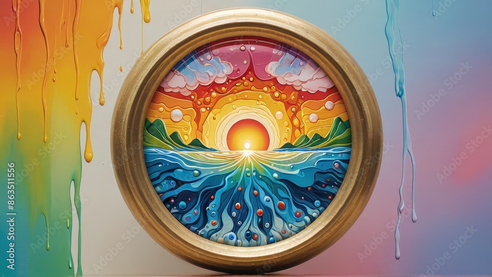 Naklejka premium Abstract Sunset and Ocean in a Gold Frame.