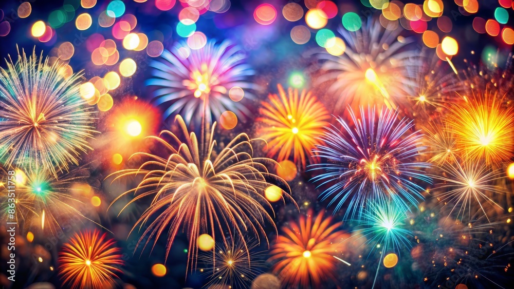 Vibrant colorful firework explosions illuminate a dark bokeh background, capturing the magic and essence of a joyful new year celebration, abstract and festive.