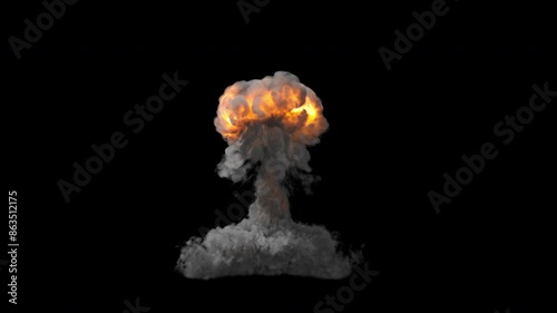 Explosive mushroom cloud isolated on black background with alpha channel