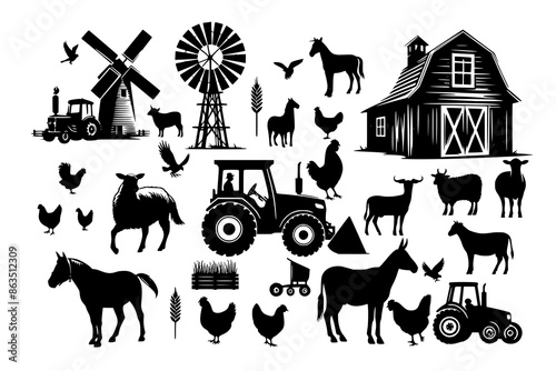 Set of farm life silhouette vector depicting agriculture and rural scenes. Includes barn, tractor, crops, livestock, and family. Black and white icons of countryside nature, architecture, and agrarian