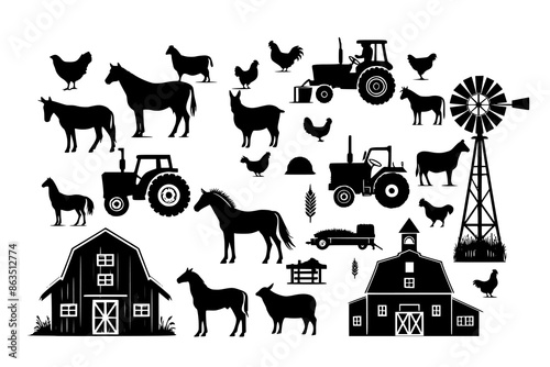 Set of farm life silhouette vector depicting agriculture and rural scenes. Includes barn, tractor, crops, livestock, and family. Black and white icons of countryside nature, architecture, and agrarian
