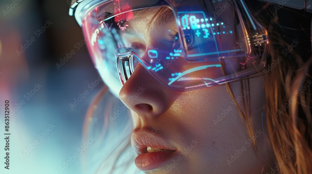 In a virtual reality setting, a woman wearing a VR headset interacts with digital holograms, showcasing modern immersive tech.
In a virtual reality setting, a woman wearing a VR headset interacts with digital holograms, showcasing modern immersive tech.