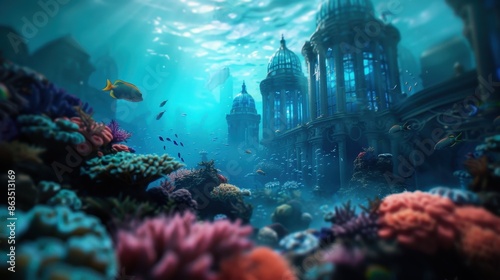 Underwater Fantasy Cityscape with Vibrant Coral Reefs and Exotic Marine Life photo