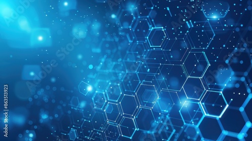 A high-tech blue backdrop featuring hexagons and luminous rings, symbolizing modern digital technology.
