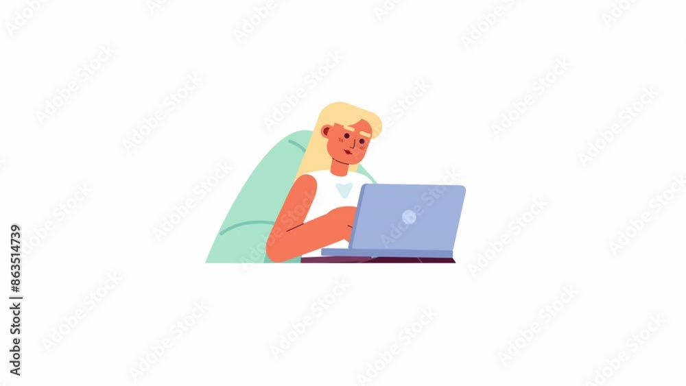 Blonde woman typing laptop in comfy chair 2D character animation. Happy browsing flat color cartoon 4K video, alpha channel. Freelance worker caucasian female animated person on white background Blonde woman typing laptop in comfy chair 2D character animation. Happy browsing flat color cartoon 4K video, alpha channel. Freelance worker caucasian female animated person on white background