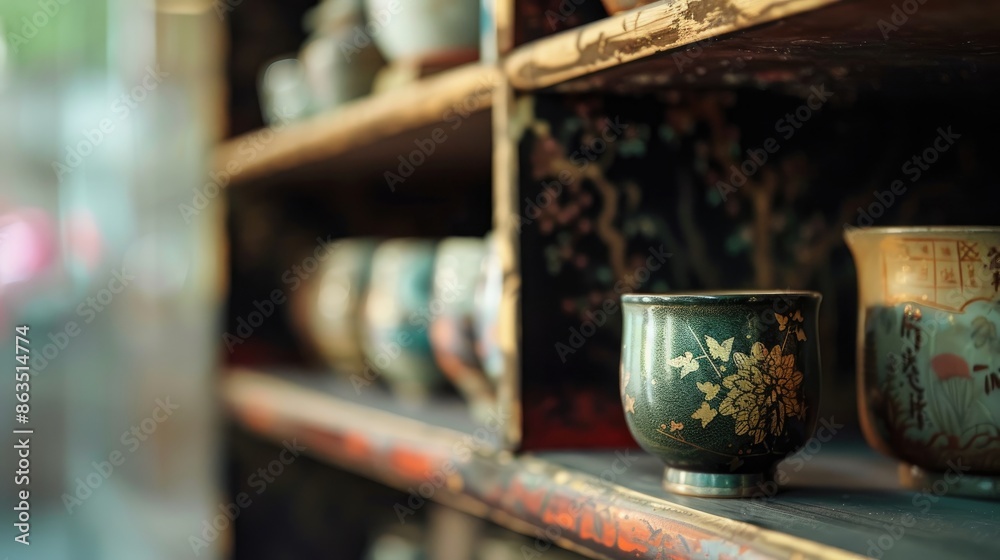 Fototapeta premium Japanese lacquer shelf displaying antique Tobe ware mug with soft focused background