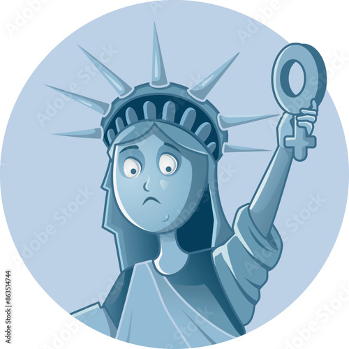Sad Liberty Statue Holding Female Gender Symbol Vector Illustration. Unhappy American women suffering discrimination against basic rights
