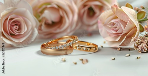 Wedding Rings With Pink Roses And Greenery